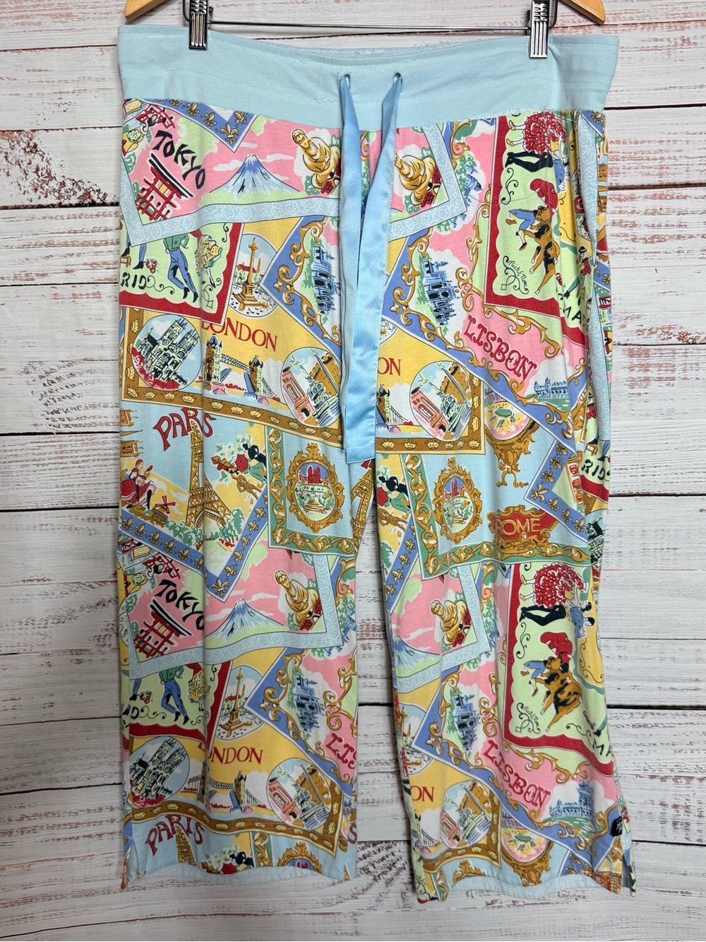 Nick & Nora Light Blue Travel-Print Pajama Pants Vintage Y2K